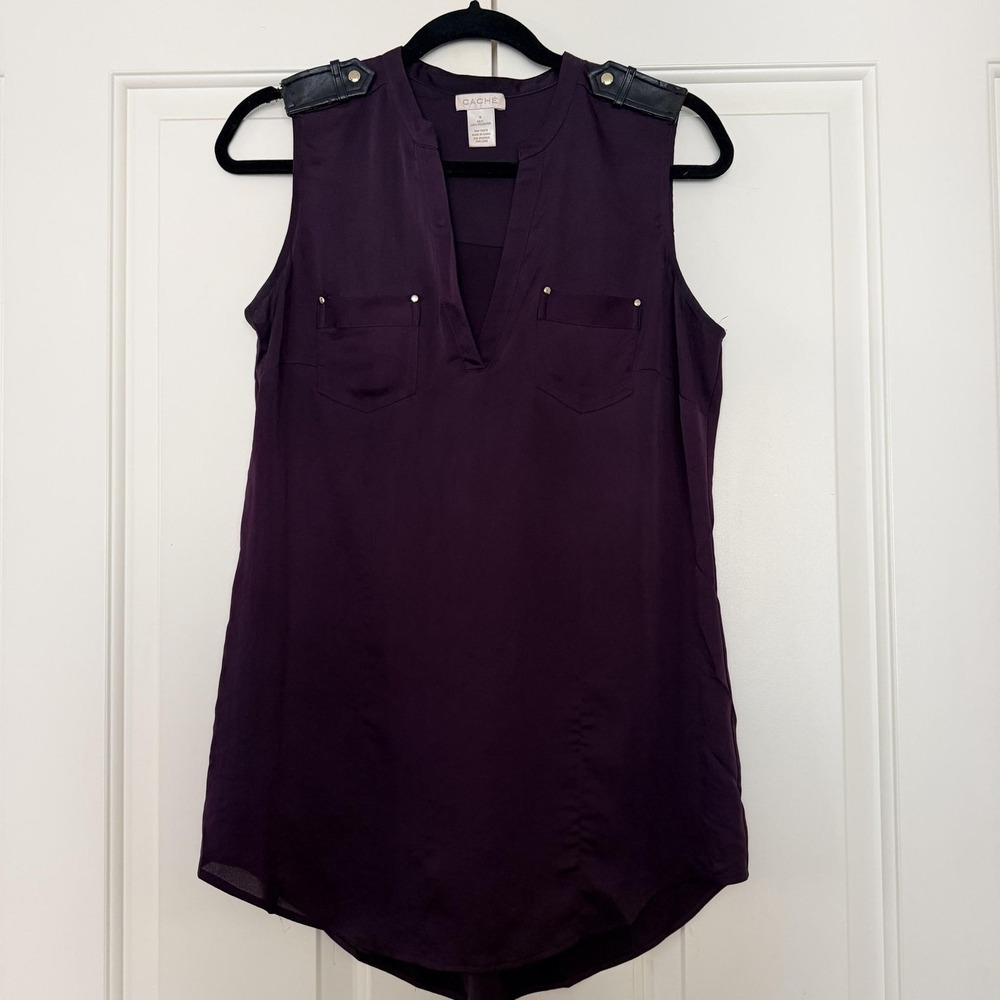VTG Y2K Caché Top M Purple Sleeveless Tunic V Neck Studded Pockets Summer Blouse